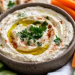 Baba Ganoush Dip In A Rustic Bowl, Garnished With Parsley And Olive Oil, Served With Pita And Veggies