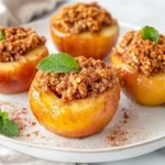 Delicious Baked Apples On A White Plate, Filled With Spiced Oat Crumble And Garnished With Mint Leaves