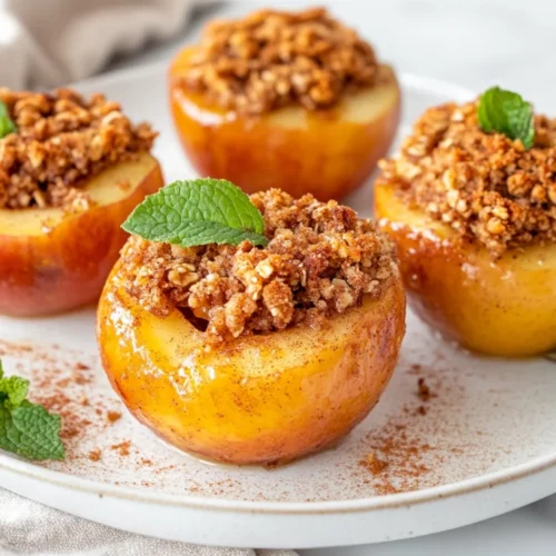 Best Baked Apples Recipe - Healthy, Easy And Delicious 2 Delicious Baked Apples On A White Plate, Filled With Spiced Oat Crumble And Garnished With Mint Leaves