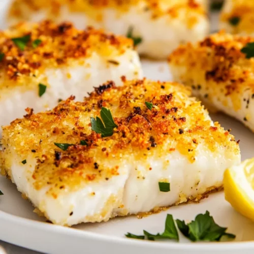 Baked Parmesan Crusted Halibut: The Best Healthy Fish Recipe 2 Baked Parmesan Crusted Halibut On A White Plate Garnished With Parsley And Lemon Wedges