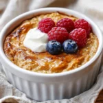 Bowl Of Banana Bread Baked Oats Topped With Yogurt And Fresh Berries, Swirled With Peanut Butter