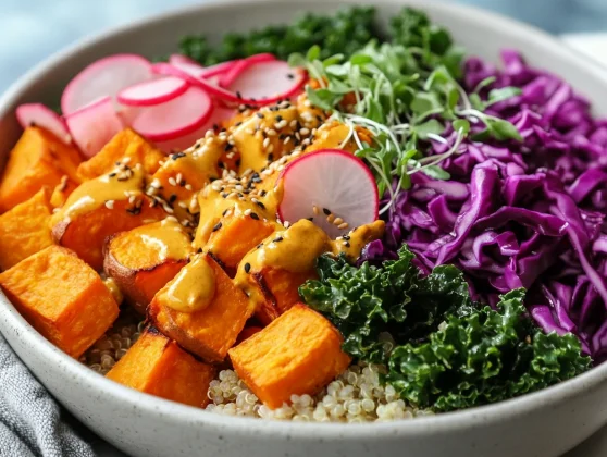 Best Buddha Bowl Recipe: Healthy, Easy, And Packed With Flavor 2 Colorful Best Buddha Bowl With Roasted Sweet Potatoes, Kale, And Turmeric Tahini Sauce, Garnished With Sesame Seeds