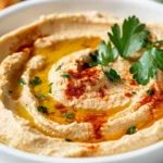 Best Hummus Served In A White Bowl, Garnished With Olive Oil, Paprika, And Fresh Parsley, With Warm Pita On The Side