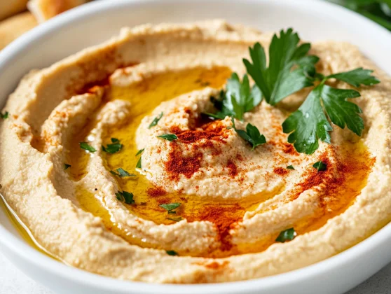 The Best Hummus Recipe: Healthy, Creamy And Easy To Make 2 Best Hummus Served In A White Bowl, Garnished With Olive Oil, Paprika, And Fresh Parsley, With Warm Pita On The Side