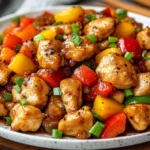 Plate Of Black Pepper Chicken With Colorful Bell Peppers And A Sprinkle Of Green Onions