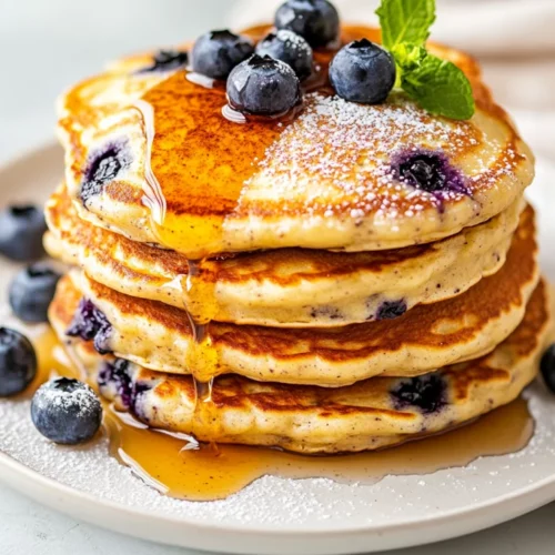 Fluffy And Healthy Blueberry Pancakes Packed With Protein 2 Stack Of Fluffy Blueberry Pancakes On A White Plate, Drizzled With Maple Syrup And Topped With Fresh Blueberries.