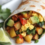 Healthy Breakfast Burrito With Potatoes On A White Plate, Garnished With Fresh Cilantro And Lime Wedges