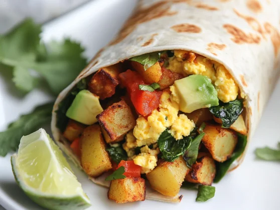 Healthy And Delicious Breakfast Burrito With Potatoes Recipe 2 Healthy Breakfast Burrito With Potatoes On A White Plate, Garnished With Fresh Cilantro And Lime Wedges