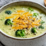 Bowl Of Broccoli Cheddar Soup Topped With Melted Cheese And Black Pepper, Garnished With Olive Oil On A Wooden Table