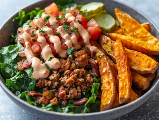 Burger Bowl With Special Sauce - A Healthy, Flavor-Packed Meal 2 Delicious Burger Bowl With Special Sauce, Topped With Fresh Veggies And Crispy Sweet Potato Fries On The Side.
