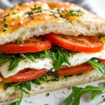 Caprese Sandwich With Arugula On A White Plate, Layered With Mozzarella, Tomatoes, And Basil