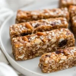 Chewy Muesli Bars On A White Plate, Showcasing Golden Texture And Topped With Sesame Seeds.