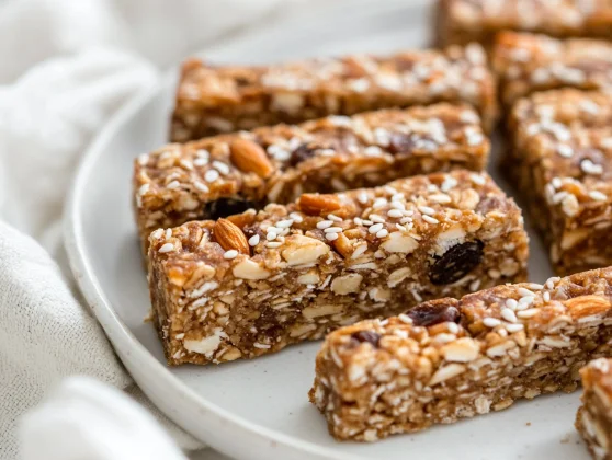 Chewy Muesli Bars Recipe: Healthy, Delicious &Amp; No-Bake 2 Chewy Muesli Bars On A White Plate, Showcasing Golden Texture And Topped With Sesame Seeds.