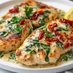 Chicken Cutlets With Creamy Spinach Sauce On A White Plate Garnished With Parsley And Lemon Wedges