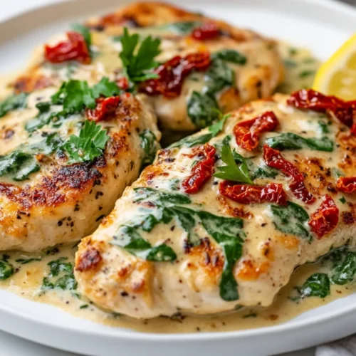 Healthy Chicken Cutlets With Creamy Spinach Sauce In 20 Minutes 2 Chicken Cutlets With Creamy Spinach Sauce On A White Plate Garnished With Parsley And Lemon Wedges