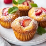 Chickpea Flour Strawberry Muffins On A White Plate, Garnished With Mint And Dusted With Powdered Sugar.