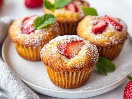 Chickpea Flour Strawberry Muffins: The Perfect Healthy Treat 2 Chickpea Flour Strawberry Muffins On A White Plate, Garnished With Mint And Dusted With Powdered Sugar.