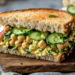Chickpea Salad Sandwich Sliced In Half On A Wooden Board, Garnished With Cucumber And Radish Slices