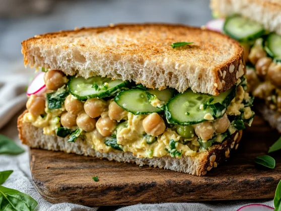 Chickpea Salad Sandwich Sliced In Half On A Wooden Board, Garnished With Cucumber And Radish Slices