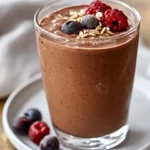 Chocolate Berry Smoothie In A Clear Glass Topped With Sunflower Seeds And Fresh Berries On A White Plate