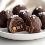 Plate Of Chocolate Covered Date Truffles Garnished With Flaky Sea Salt And A Half-Cut Truffle Revealing Its Rich Filling
