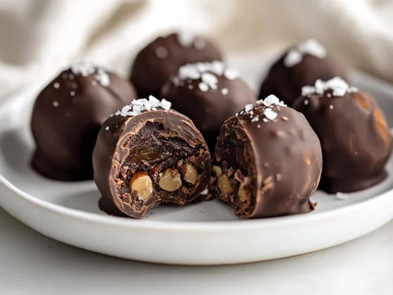 Chocolate Covered Date Truffles - Healthy &Amp; Easy Recipe 2 Plate Of Chocolate Covered Date Truffles Garnished With Flaky Sea Salt And A Half-Cut Truffle Revealing Its Rich Filling