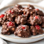 Plate Of Chocolate Strawberry Yogurt Clusters Drizzled With Dark Chocolate And Garnished With Sea Salt