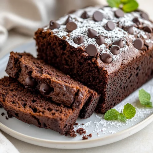 Best Chocolate Zucchini Bread Recipe For Moist, Guilt-Free Indulgence 2 Sliced Chocolate Zucchini Bread On A White Plate, Garnished With Mint, Showcasing Rich Chocolate Texture