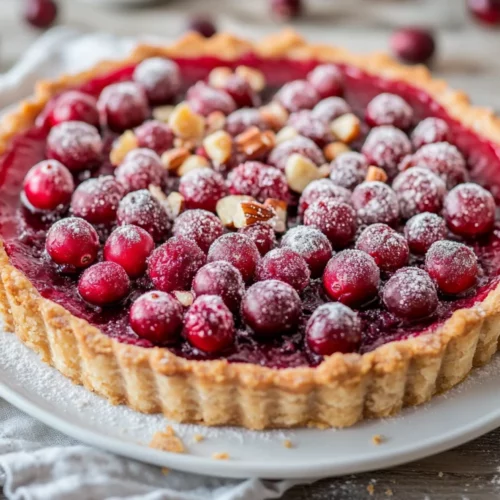Cranberry Curd Tart With Hazelnut Crust: A Healthy Dessert Win 2 Vibrant Cranberry Curd Tart With Hazelnut Crust, Garnished With Orange Zest Curls On A White Plate