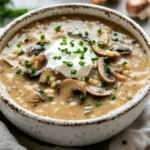 Bowl Of Cream Of Mushroom Soup With Barley Garnished With Sour Cream And Chives, Served Warmly In A Rustic Bowl