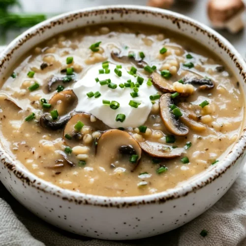 Bowl Of Cream Of Mushroom Soup With Barley Garnished With Sour Cream And Chives, Served Warmly In A Rustic Bowl