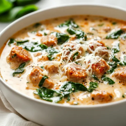 Bowl Of Creamy Italian Sausage Soup Topped With Grated Parmesan And Black Pepper, Served On A White Plate