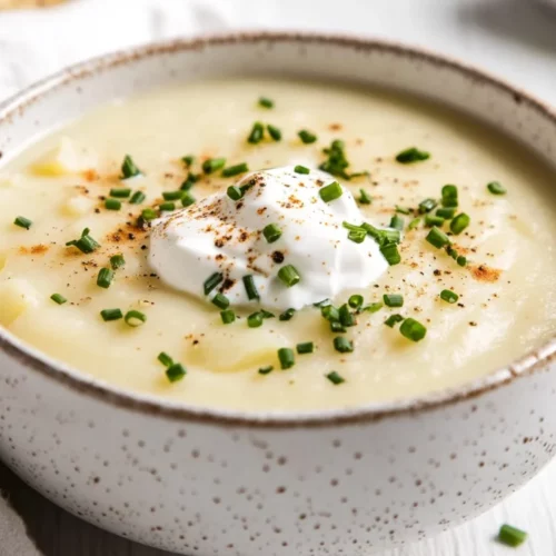 Bowl Of Creamy Potato Soup Topped With Sour Cream And Fresh Chives On A Wooden Table