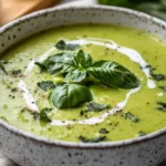 Bowl Of Creamy Zucchini Soup Topped With Coconut Milk, Basil, And Lime Wedges On A Wooden Surface
