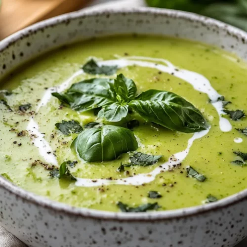 Bowl Of Creamy Zucchini Soup Topped With Coconut Milk, Basil, And Lime Wedges On A Wooden Surface