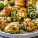 Crispy Baked Broccoli On A White Plate With Fresh Parsley And A Side Of Ranch Dressing