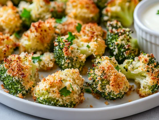 Crispy Baked Broccoli On A White Plate With Fresh Parsley And A Side Of Ranch Dressing