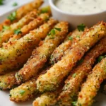 Crispy Broccoli Fries On A White Plate Garnished With Parsley, Served With A Bowl Of Ranch Dressing