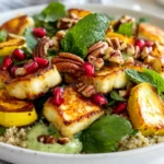 Crispy Halloumi Salad On A White Plate With Quinoa, Summer Squash, Mint, And Pomegranate Arils