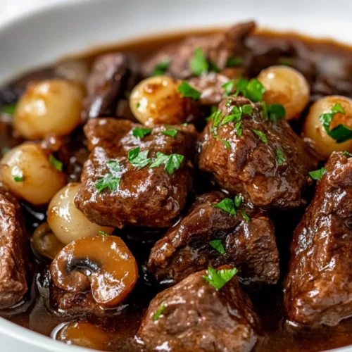 Crockpot Beef Tips With Gravy On A White Plate Garnished With Fresh Parsley And Earthy Mushrooms