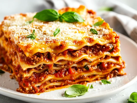 The Best Crockpot Lasagna Recipe For A Healthy, Easy Meal 2 Slice Of Crockpot Lasagna Garnished With Fresh Basil And Parmesan Cheese On A White Plate
