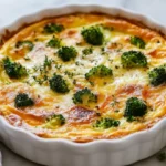 Slice Of Crustless Quiche With Broccoli And Gruyere Cheese On A White Plate, Garnished With Fresh Thyme