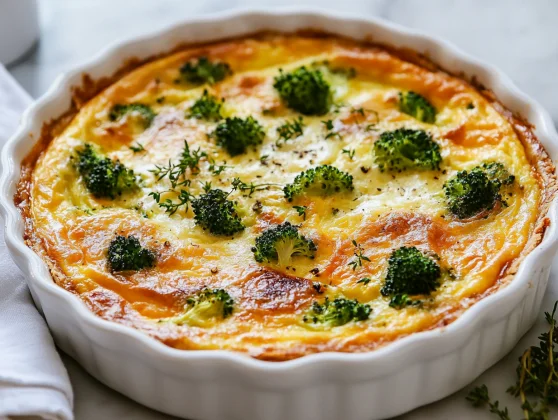 Crustless Quiche With Broccoli: Easy, Healthy, And Gluten-Free 2 Slice Of Crustless Quiche With Broccoli And Gruyere Cheese On A White Plate, Garnished With Fresh Thyme