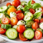 Cucumber Caprese Salad With Diced Cucumbers And Cherry Tomatoes, Garnished With Fresh Basil On A White Plate