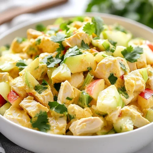 Curry Chicken Salad In A White Bowl Topped With Fresh Cilantro And Diced Apples