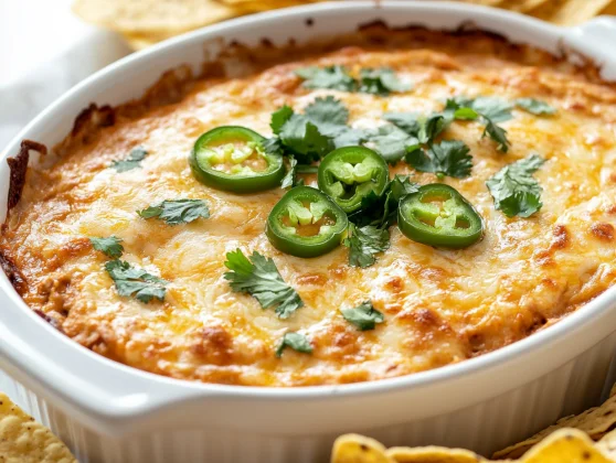 Bowl Of Easy Bean Dip Topped With Melted Cheese And Garnished With Cilantro And Jalapeños, Surrounded By Tortilla Chips
