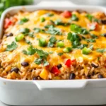 Easy Chicken Burrito Casserole In A White Dish, Topped With Melted Cheese And Fresh Cilantro