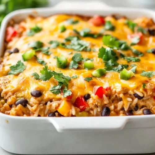 Easy Chicken Burrito Casserole In A White Dish, Topped With Melted Cheese And Fresh Cilantro