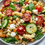 Easy Pasta Salad With Chickpeas In A White Bowl, Garnished With Basil And Pine Nuts, Showcasing Vibrant Veggies