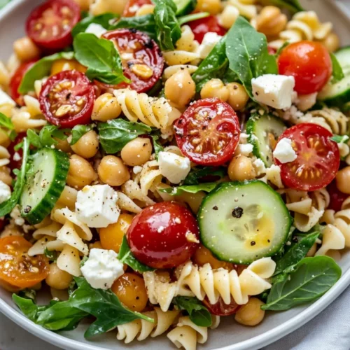 Easy Pasta Salad With Chickpeas: A Healthy, Flavorful Recipe 2 Easy Pasta Salad With Chickpeas In A White Bowl, Garnished With Basil And Pine Nuts, Showcasing Vibrant Veggies